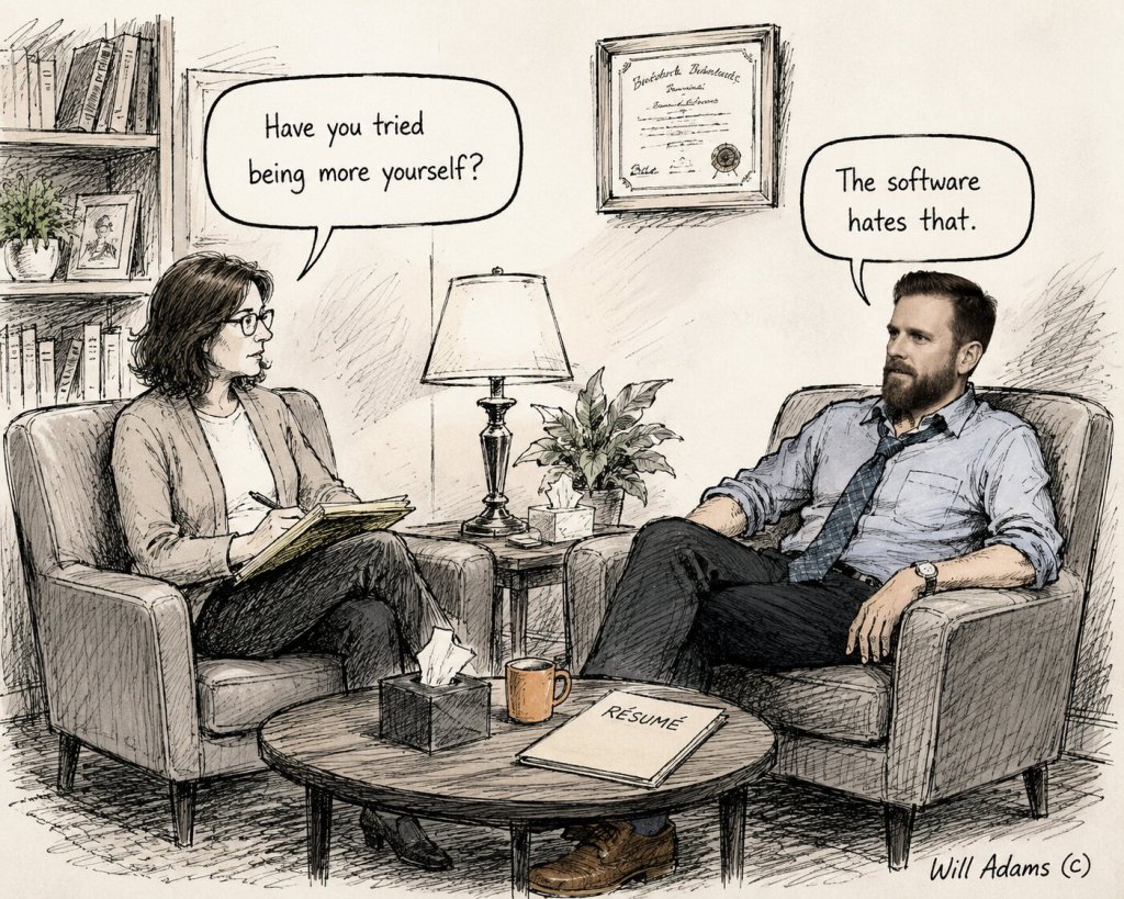 Hand-drawn comic of a therapist telling a business executive to "be more yourself," with the executive replying, "The software hates that," highlighting the humor of AI-driven hiring.