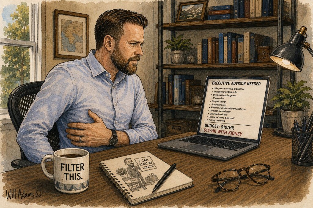 Editorial comic of a man reviewing an absurd freelance job posting seeking extensive executive experience and offering a $10 hourly budget, or $15 with a kidney.