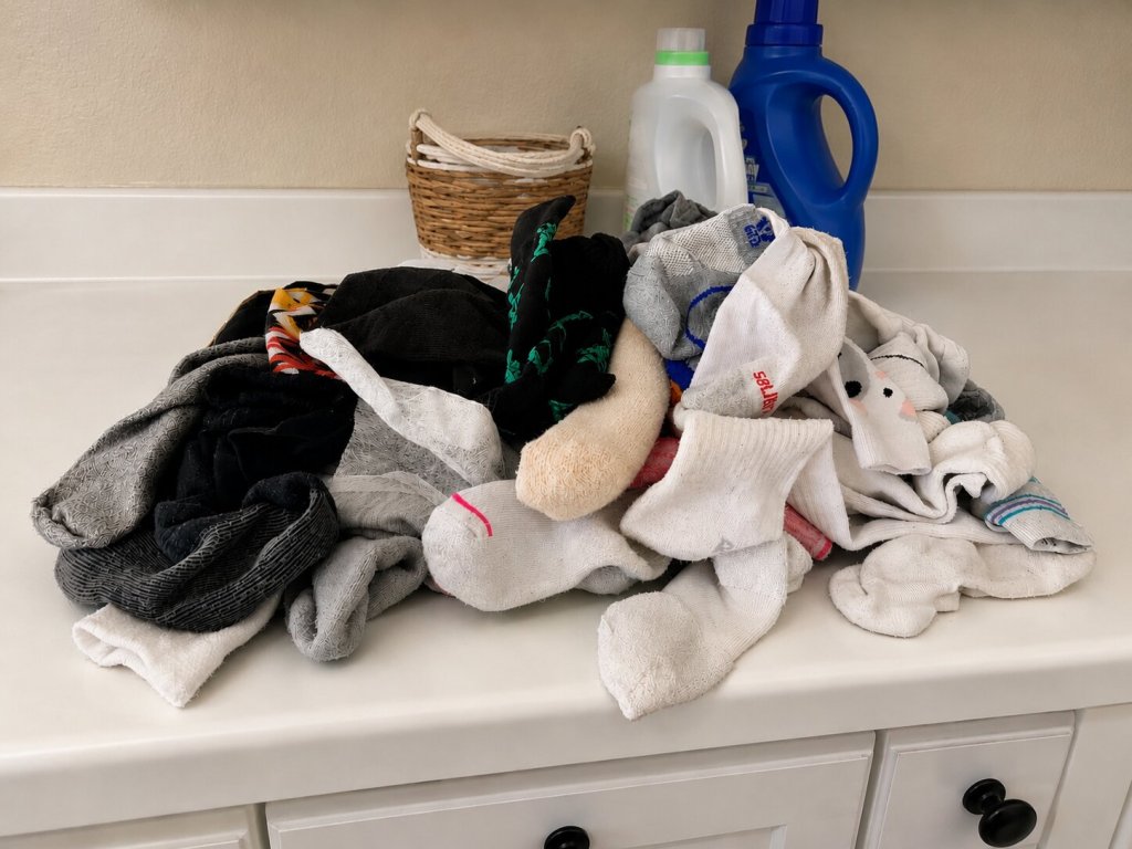 Pile of unmatched socks collected on a laundry-room counter, each missing its other half.