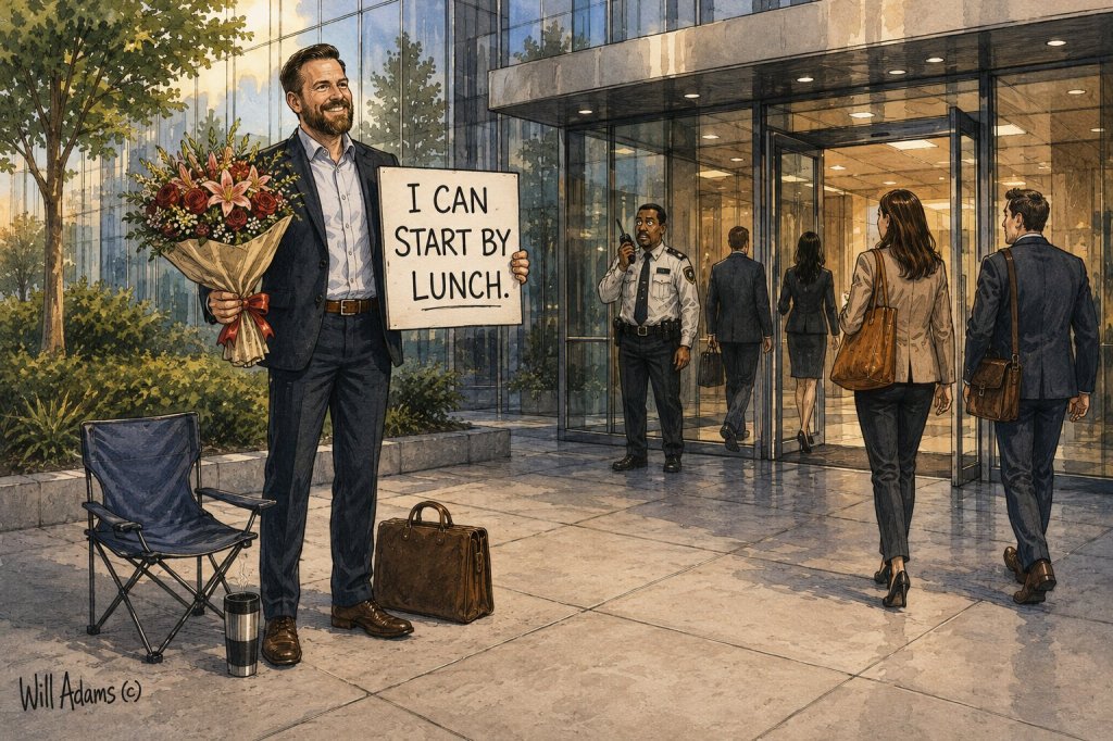 Editorial comic of a job seeker standing outside a corporate office with flowers and a handwritten sign reading, “I CAN START BY LUNCH,” as employees and security look on.